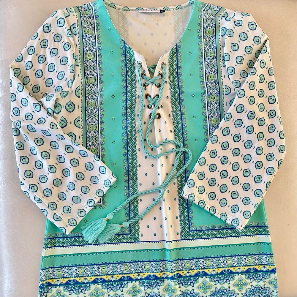 Cabana Life | Tunic Dress Lace Up Beach Coverup | Aqua | Medium